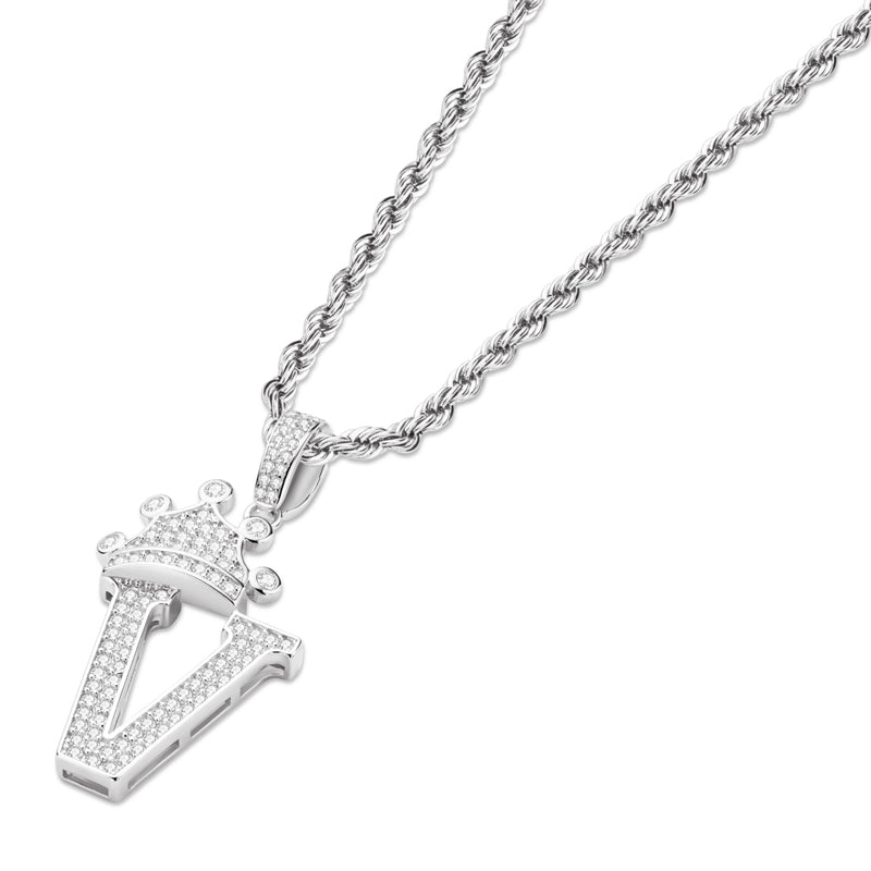 925 Sterling Silver The Letter V Created CZ Crown Hip Hop Rope Chain Pendant Necklace 23.62'' 3