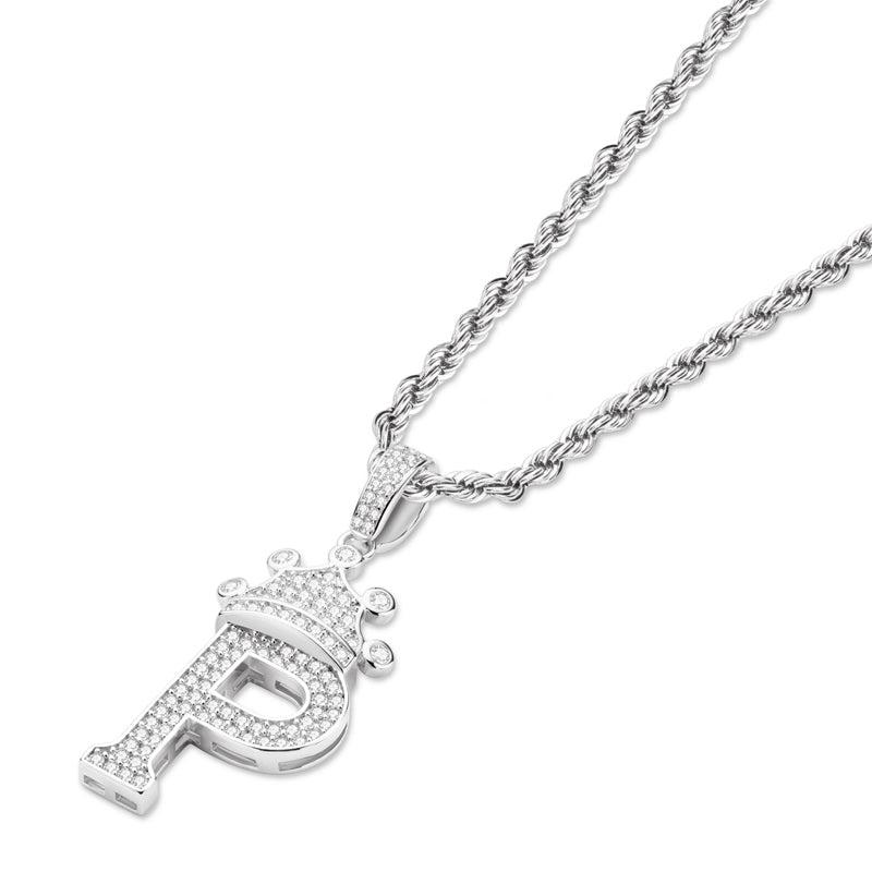 925 Sterling Silver The Letter P Created Diamond Crown Hip Hop Rope Chain Pendant Necklace 23.62'' 3