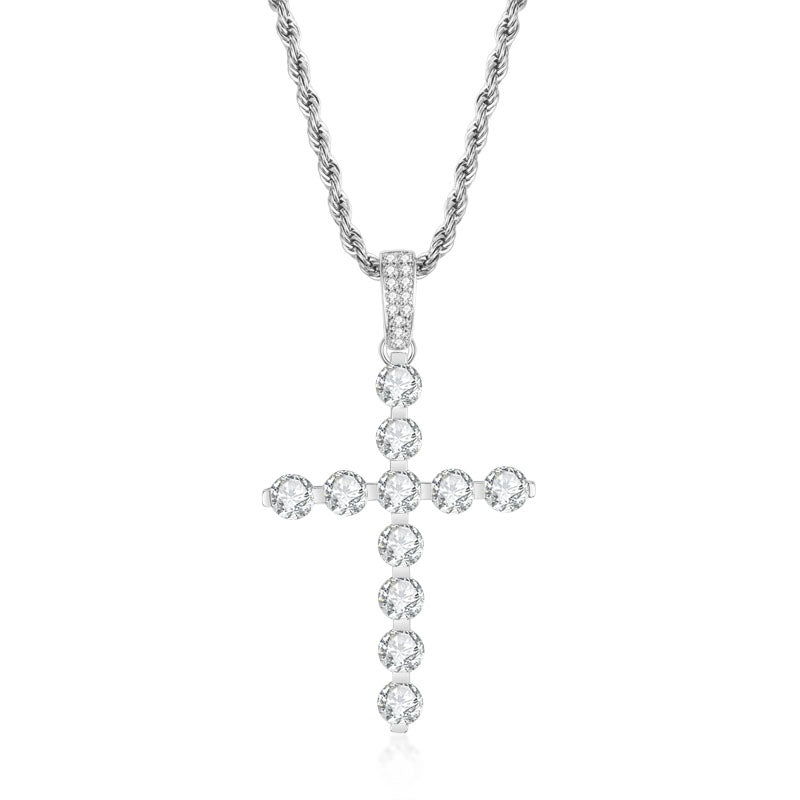 925 Sterling Silver Round Cut Created CZ Cross Pendant Necklace 1