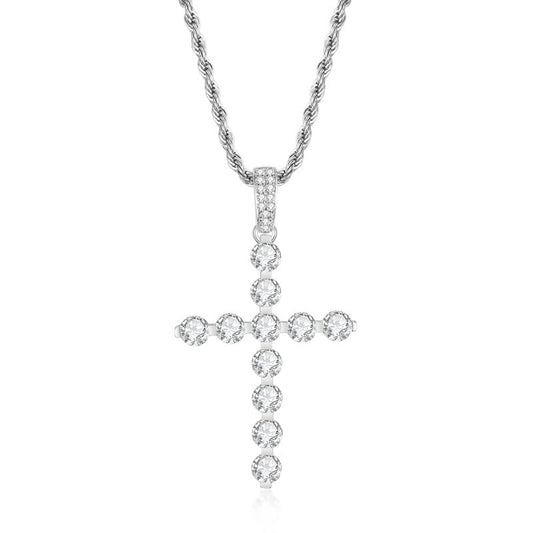 925 Sterling Silver Round Cut Created CZ Cross Pendant Necklace 1