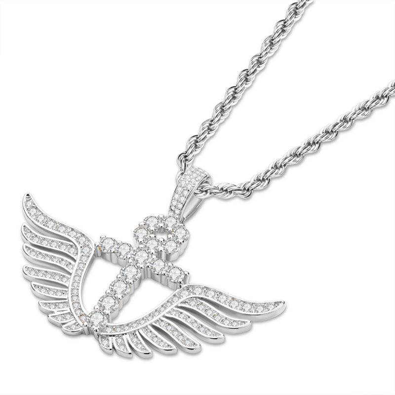 925 Sterling Silver Cross Wings Created Diamond Personalized Pendant Necklace 3