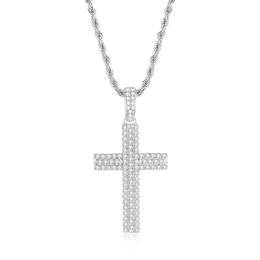 925 Sterling Silver Round Cut Created CZ Hip-Hop Cross Pendant Necklace 1