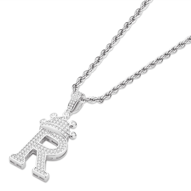 925 Sterling Silver Created CZ Hip Hop Micro Pave The Letter R Pendant Necklace 3