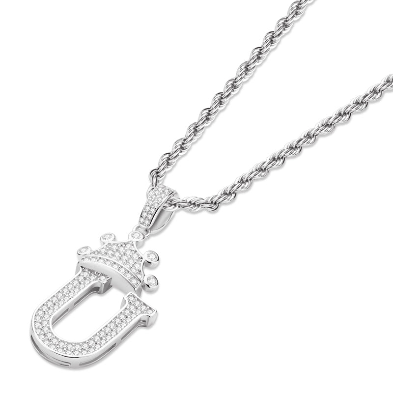 925 Sterling Silver Created Diamond Hip Hop Micro Pave The Letter U Pendant Necklace 3