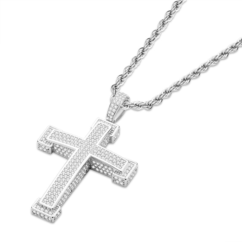 925 Sterling Silver Three Rows Round Cut Created CZ Cross Pendant Necklace 4