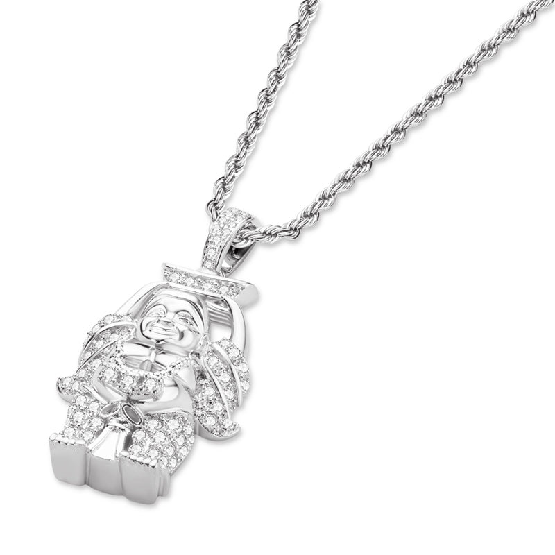 925 Sterling Silver Created Diamond Religion Buddha Statue Rope Chain Pendant Necklace 2