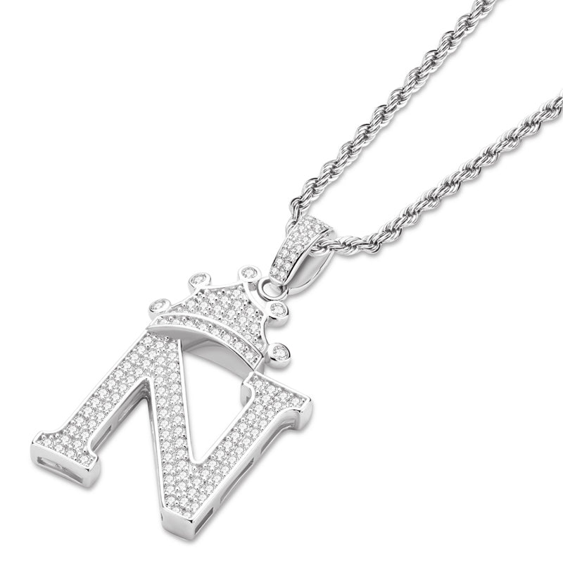 925 Sterling Silver The Letter N Created CZ Crown Hip Hop Rope Chain Pendant Necklace 4