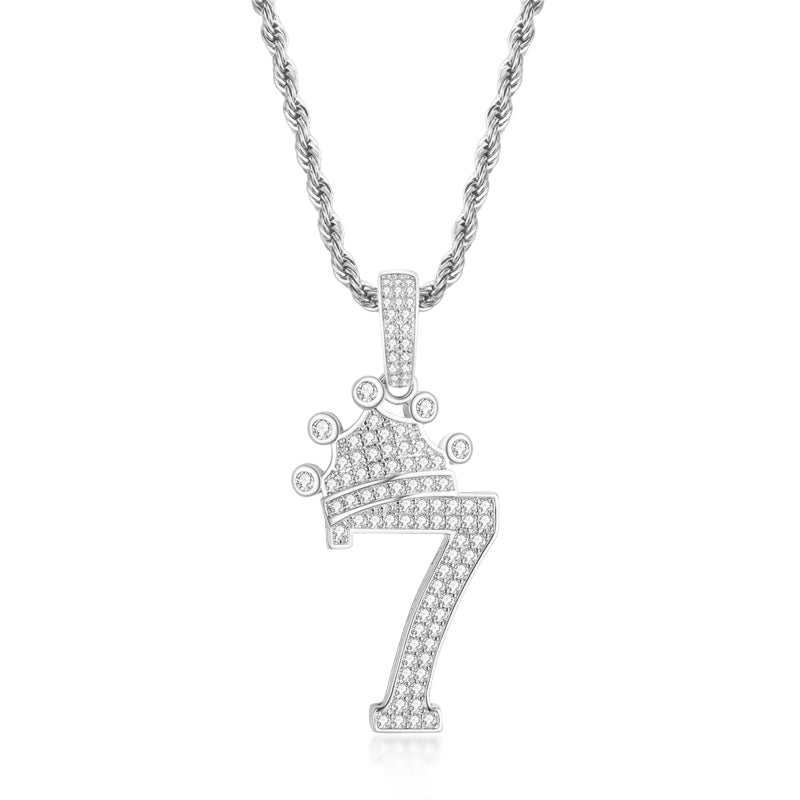 925 Sterling Silver Number 7 Created Diamond Hip Hop Long Chain Pendant Necklace 2