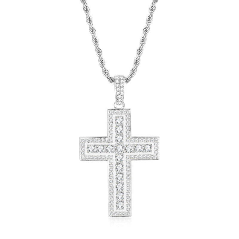 925 Sterling Silver Round Cut Created Diamond Hip Hop Charm Cross Pendant Necklace 1