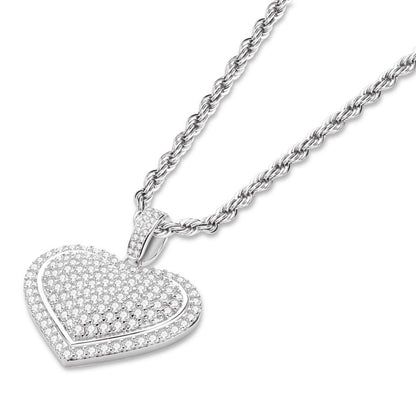 925 Sterling Silver Created CZ Heart Shaped Long Chain Hip Hop Pendant Necklace 3