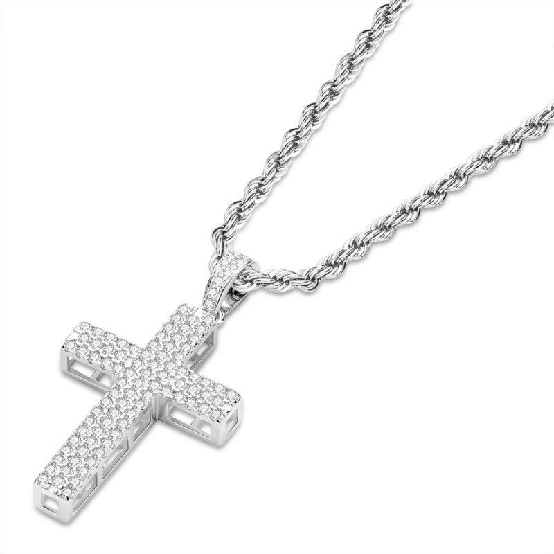 925 Sterling Silver Round Cut Created CZ Hip-Hop Cross Pendant Necklace 3