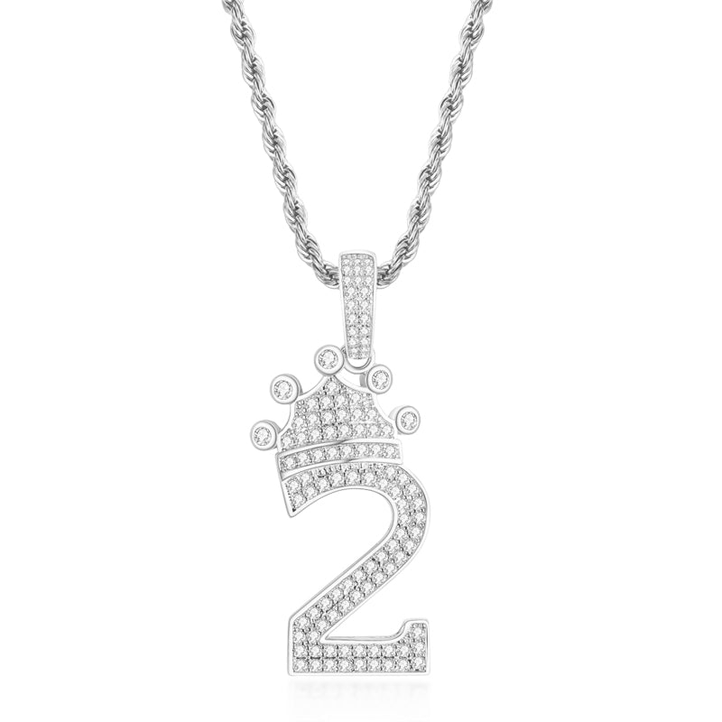 925 Sterling Silver Number 2 Crown Created Diamond Pendant Necklace 1