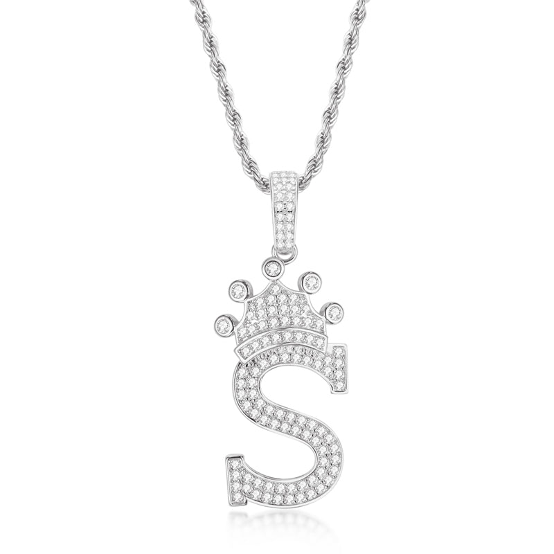 925 Sterling Silver Created CZ Hip Hop Micro Pave The Letter S Pendant Necklace 1