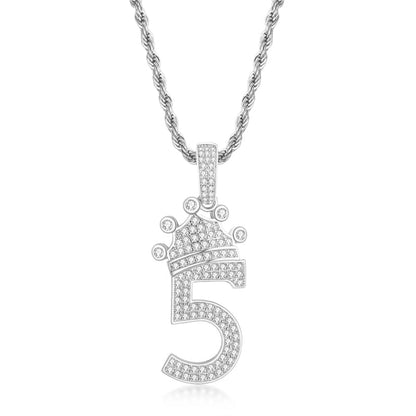 925 Sterling Silver Number 5 Created Diamond Hip Hop Long Chain Pendant Necklace 2