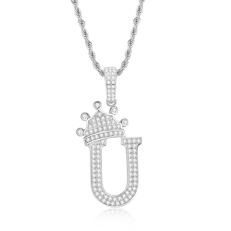 925 Sterling Silver Created Diamond Hip Hop Micro Pave The Letter U Pendant Necklace 1