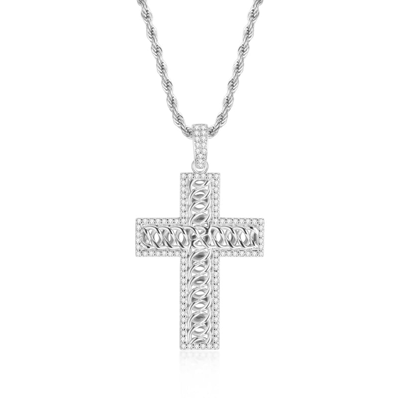 925 Sterling Silver Created Diamond Cross Hip Hop Long Chain Luxury Pendant Necklace 1