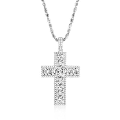 925 Sterling Silver Created Diamond Cross Hip Hop Long Chain Luxury Pendant Necklace 1