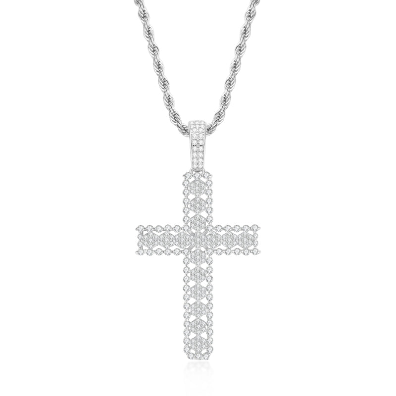 925 Sterling Silver Round Cut Created Diamond Personalized Cross Hip Hop Pendant Necklace 23.62'' 1