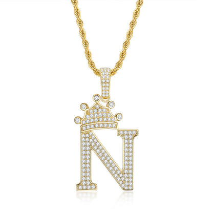 925 Sterling Silver The Letter N Created CZ Crown Hip Hop Rope Chain Pendant Necklace 2