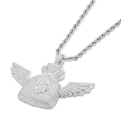 925 Sterling Silver Created Diamond Wallet With Wings Pendant Necklace 3