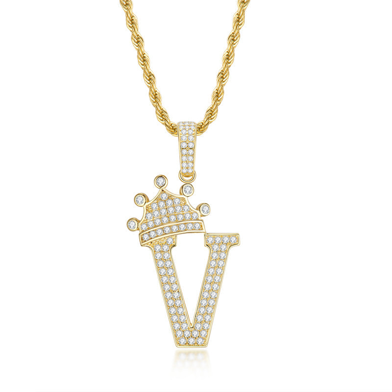 925 Sterling Silver Created CZ Hip Hop Micro Pave The Letter V Pendant Necklace 2