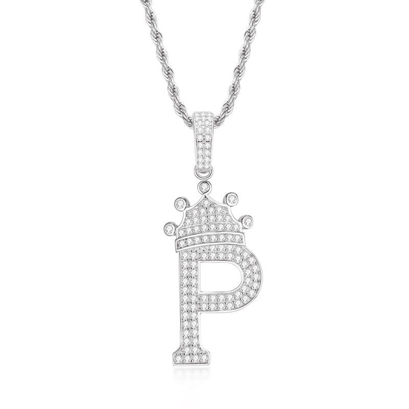 925 Sterling Silver The Letter P Created Diamond Crown Hip Hop Rope Chain Pendant Necklace 23.62'' 1