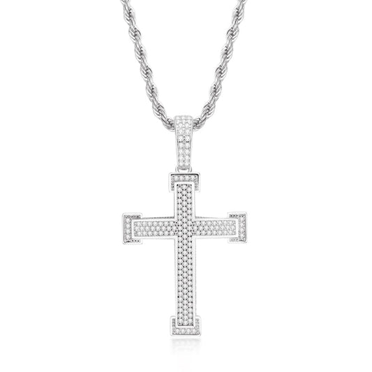 925 Sterling Silver Three Rows Round Cut Created CZ Cross Pendant Necklace 1