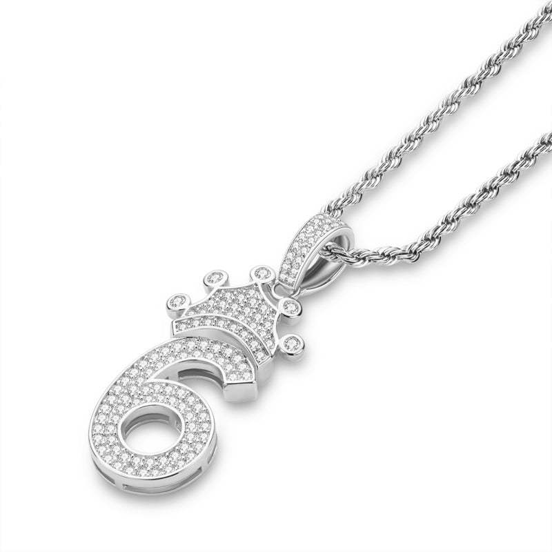 925 Sterling Silver Number 6 Created CZ Hip Hop Long Chain Pendant Necklace 4