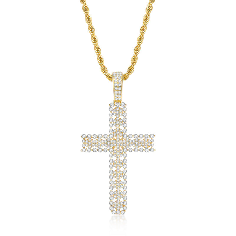 925 Sterling Silver Round Cut Created Diamond Personalized Cross Hip Hop Pendant Necklace 23.62'' 2