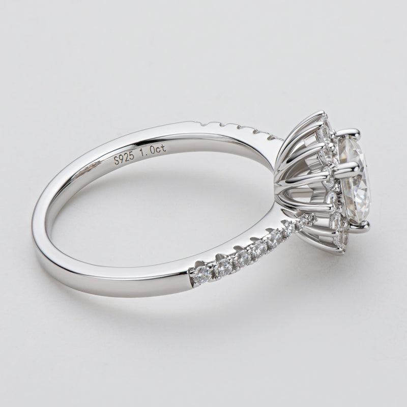 925 Sterling Silver Sunflower Shape Round Cut CZ Halo Ring 9