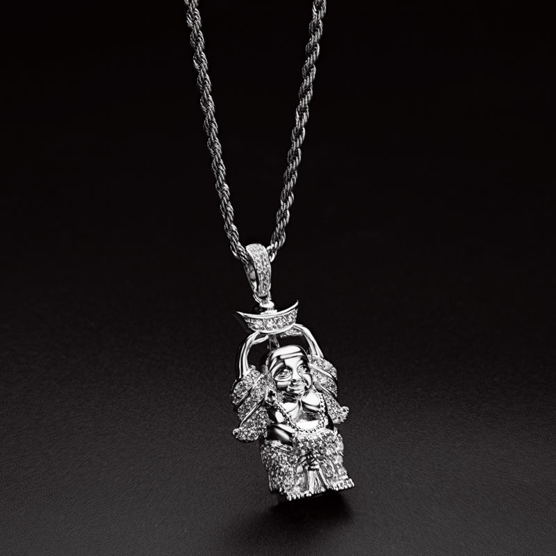 925 Sterling Silver Created Diamond Religion Buddha Statue Rope Chain Pendant Necklace 5