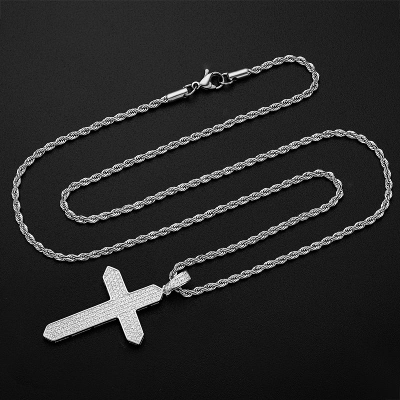 925 Sterling Silver Created CZ Cross Hip Hop Long Chain Pendant Necklace 6