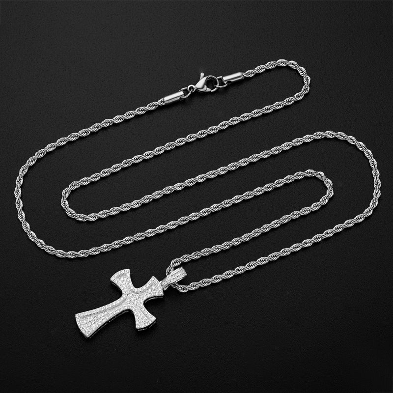 925 Sterling Silver Created CZ Cross Hip Hop Long Rope Chain Pendant Necklace 6