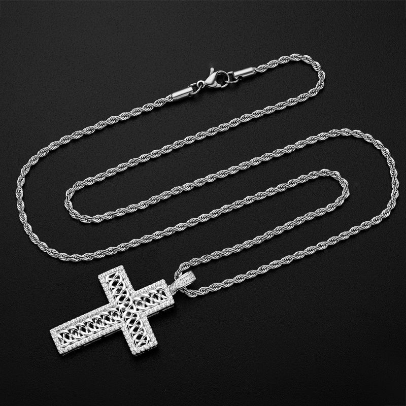 925 Sterling Silver Created Diamond Cross Hip Hop Long Chain Luxury Pendant Necklace 6