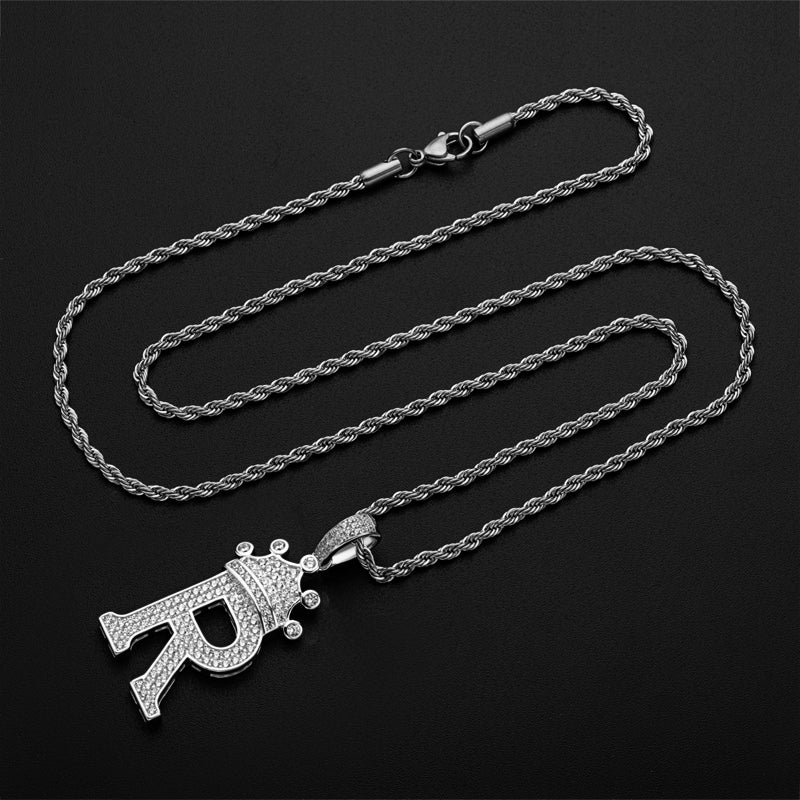 925 Sterling Silver Created CZ Hip Hop Micro Pave The Letter R Pendant Necklace 6