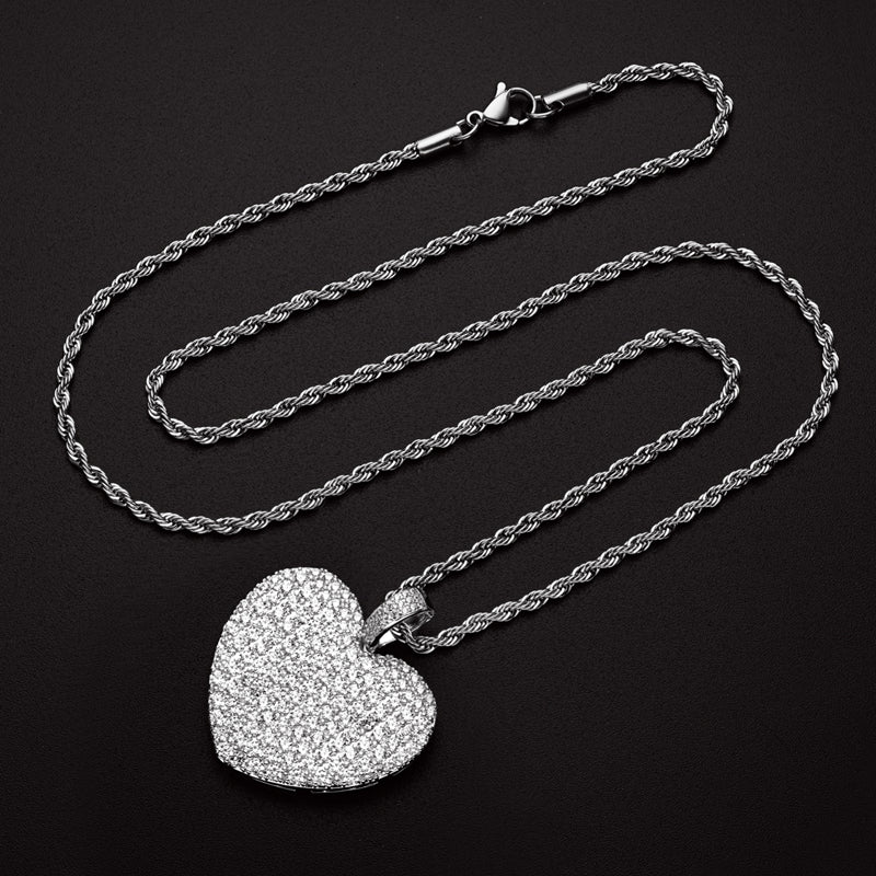 925 Sterling Silver Created Heart Shaped Rope Chain Hip Hop Pendant Necklace 6