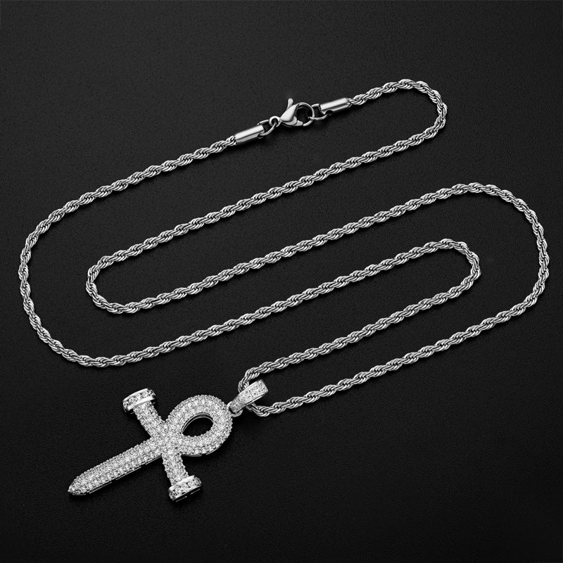 925 Sterling Silver Created Diamond Cross Hip Hop Rope Chain Pendant Necklace 6