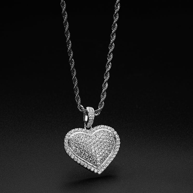 925 Sterling Silver Created Diamond Heart Shaped Hip Hop Pendant Necklace 6