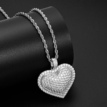 925 Sterling Silver Created CZ Heart Shaped Long Chain Hip Hop Pendant Necklace 7