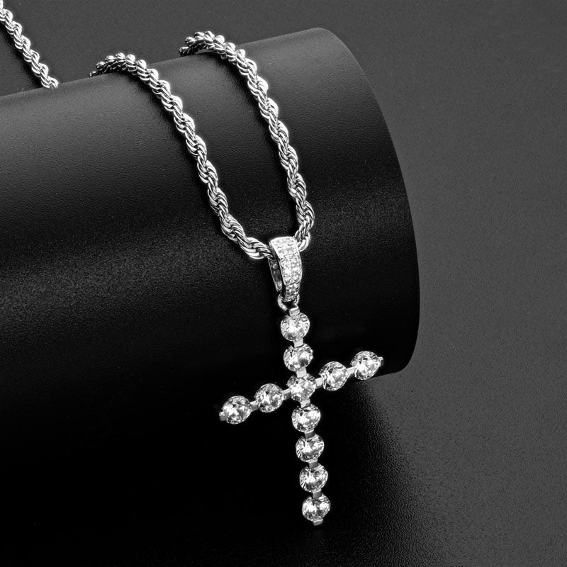 925 Sterling Silver Round Cut Created CZ Cross Pendant Necklace 6