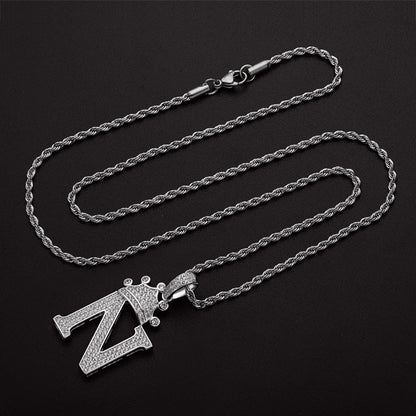 925 Sterling Silver The Letter N Created CZ Crown Hip Hop Rope Chain Pendant Necklace 6