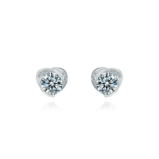 925 Sterling Silver Classic Round Cut Cubic Zirconia Heart-shaped Stud Earrings 1