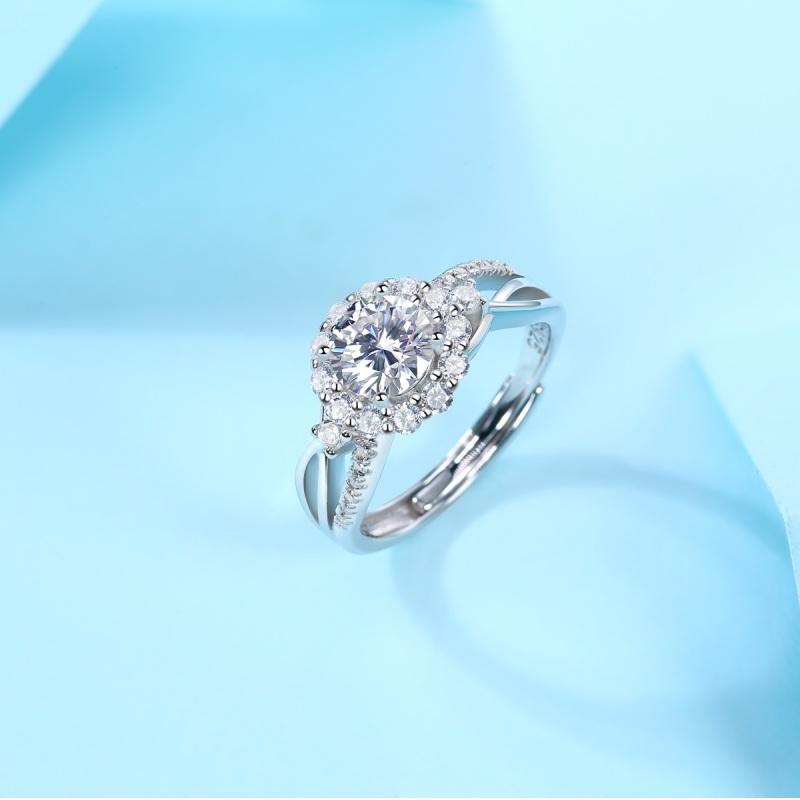 925 Sterling Silver Halo Round Brilliant Cut Cz Ring with Adjustable Size 4