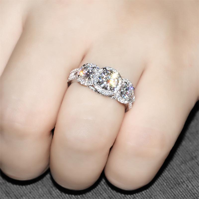 925 Sterling Silver CZ Round Cut Three Stone Ring for women 5