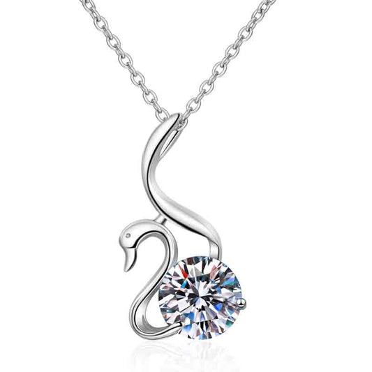 925 Sterling Silver Swan Pendant Necklace with Round Cut Dancing CZ Necklace 1