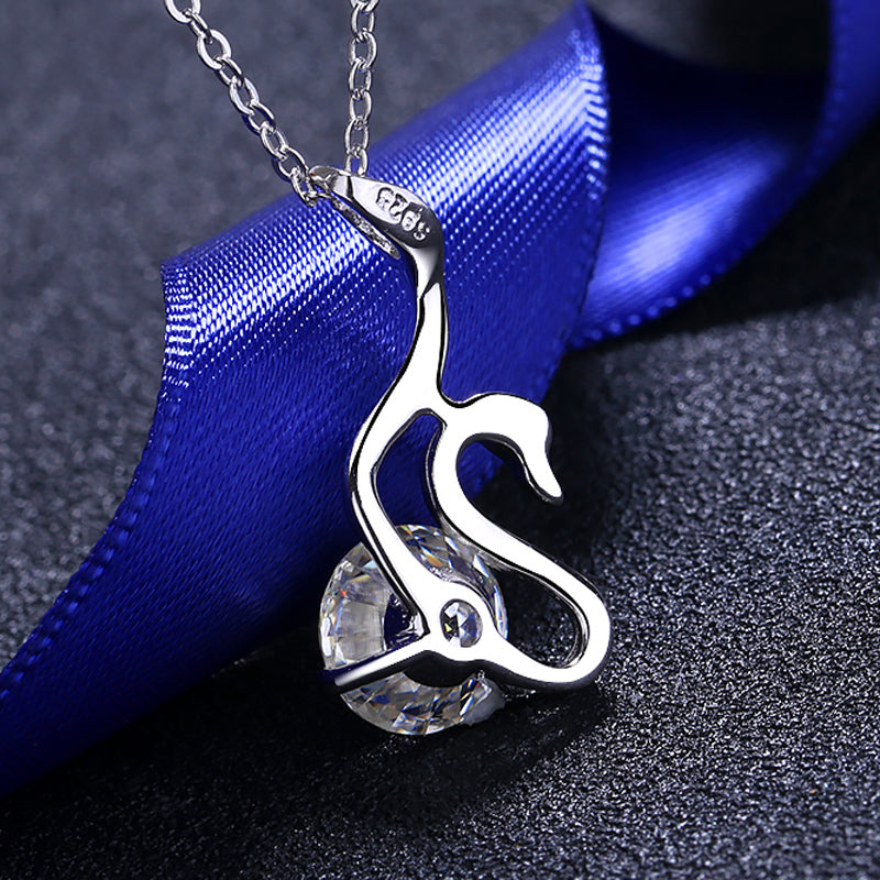 925 Sterling Silver Swan Pendant Necklace with Round Cut Dancing CZ Necklace 5