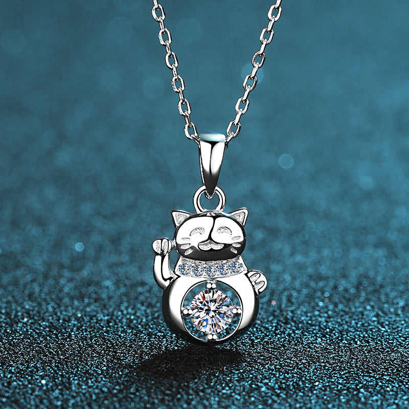 925 Sterling Silver Round Cut CZ Lucky Cat Pendant Necklace 5