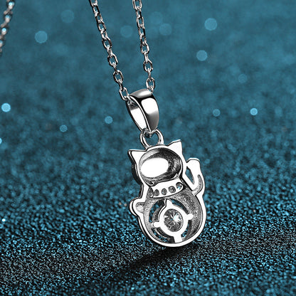 925 Sterling Silver Round Cut CZ Lucky Cat Pendant Necklace 6