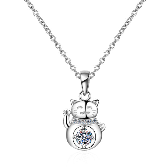 925 Sterling Silver Round Cut CZ Lucky Cat Pendant Necklace 1