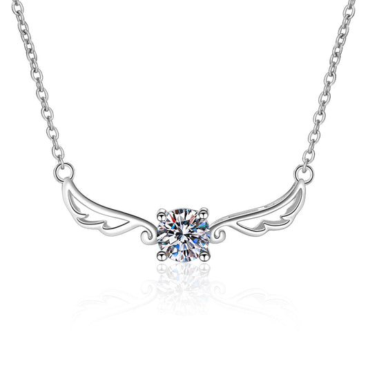 925 Sterling Silver Angel Wings Round Cut CZ Diamond Pendant Necklace 1